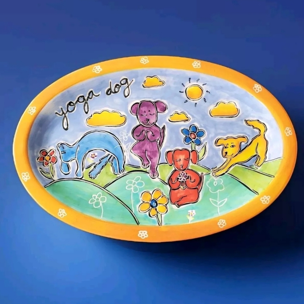 Yoga Dog by Outi Hand Painted Decorative Oval Ceramic Platter.